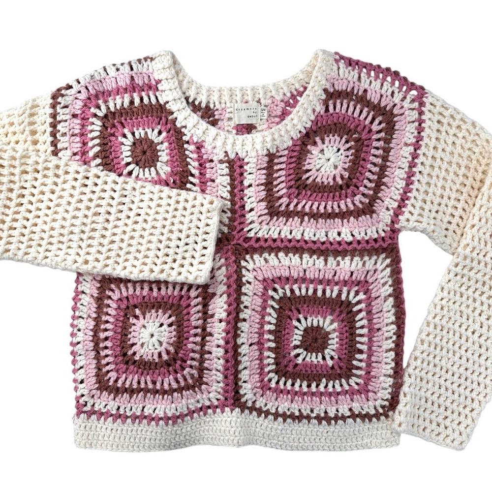 DREAMERS by DEBUT Crocheted Sweater Ivory & Pink Granny Squares Women's S/M